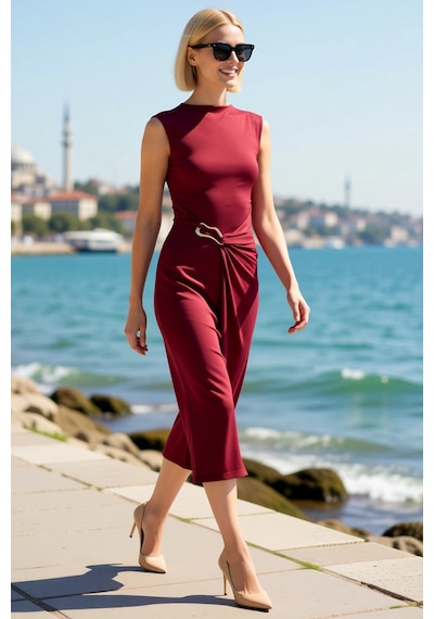 Benerly Kadın Bodycon Midi Elbise Kolsuz Kayık Yaka Aksesuar Detaylı Örne Bordo Benerly Kadın Bodycon Midi Elbise Kolsuz Kayık Yaka Aksesuar Detaylı Örne Bordo