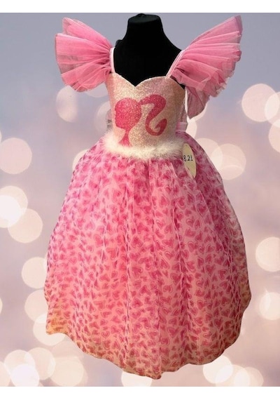 Okay Kız Çocuk Tarlatanlı Barbie Abiye Elbise-13693 Pembe
