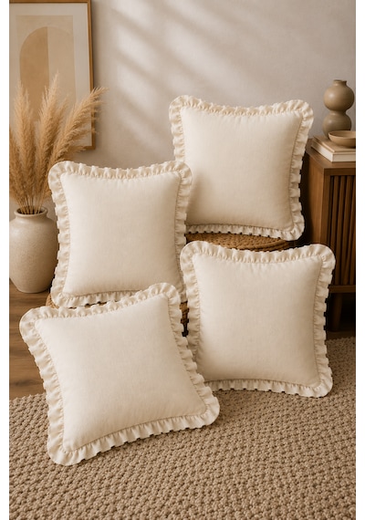 4'lü Fırfırlı Düz Krem Dekoratif Kırlent Kılıfı %100 Pamuk Fermuarlı 45x45 Cm Şeffaf