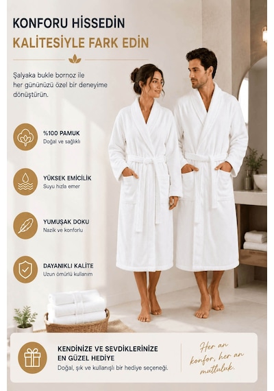 Tek Kişilik Banyo Bornozu %100 Pamuk Şalyaka Bukle Perla Collection Beyaz