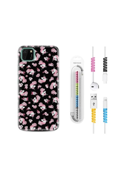 Huawei Y5P Kılıf Kablo Koruyuculu Unicorn Flowers 1406