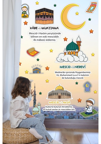 Mescid-i Aksa Mescid-i Nebevi Kabe-i Muazzama Ve Sevimli İslami Figürlerden Oluşan Eğitici Öğretici Cam Duvar Ramazan Sticker Seti Ramazan Süsü Çok Renkli