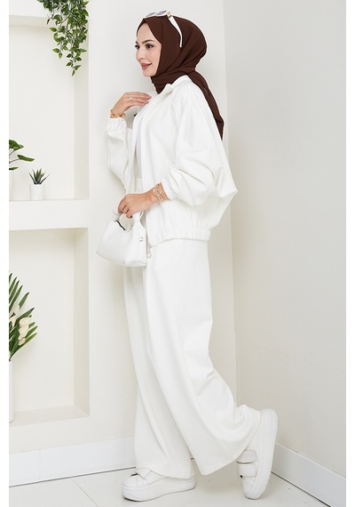 Bestenur Fermuarlı Oversize Takım 1595 - Beyaz Beyaz