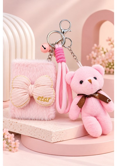 Peluş Fiyonk Detaylı Cep Aynası Anahtarlık Ve Peluş Ayıcık Set Kawaii Çanta Charmı Makyaj Aynası-p Çok Renkli