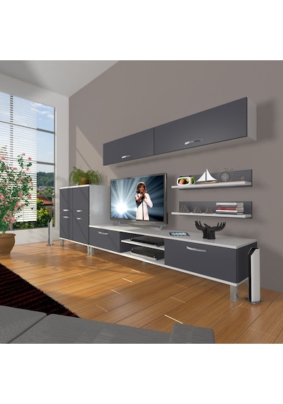 Decoraktiv Eko 6y Mdf Dvd Krom Ayaklı Tv Ünitesi Tv Sehpası Beyaz - Antrasit