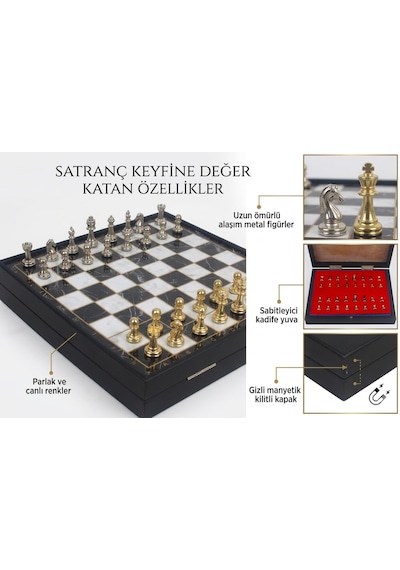 Kişiye Özel Lüks Metal Satranç Takımı Mermer Desenli Sandıklı Premium Oyun Seti 20 Cm. Klasik Figür