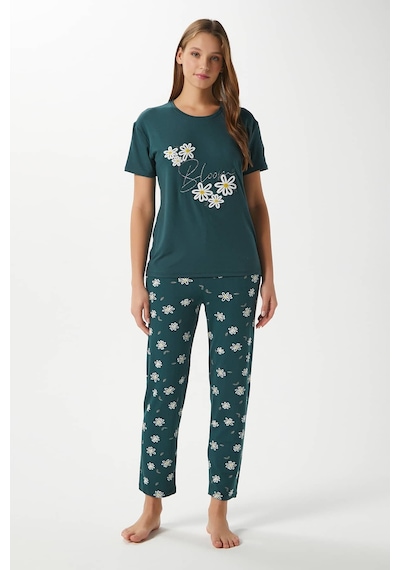 Ritnice Kadın Bloom Yumuşak Doku Yeşil Çiçek İşlemeli Bisiklet Yaka Kısa Kollu Alt Üst Pijama Takımı