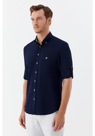 Sabri Özel Erkek Lacivert Dar Kesim Slim Fit %100 Pamuk Uzun Kollu Düğmeli Yaka Gömlek