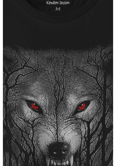 Gece Vahşi Ormada Bozkurt Bordo Maviz Gözlü Kurt Wolf Gri Baskılı Tişört Unisex T-shirt 001