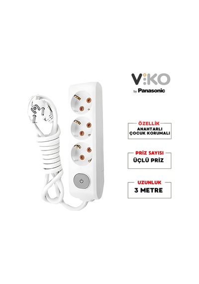 Üçlü Çoklu Priz, Anahtarlı, Uzatma Kablosu, 3lü, 3m, Beyaz 3 - 4 M