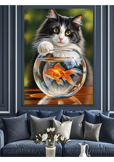 Ahşap Tablo Balık Fanusu Ve Kedi