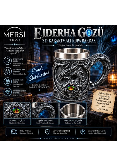 Ejderha Gözü Tasarımlı 3d Kabartmalı Paslanmaz Çelik Kupa Bardak 13x9 Cm Çok Renkli