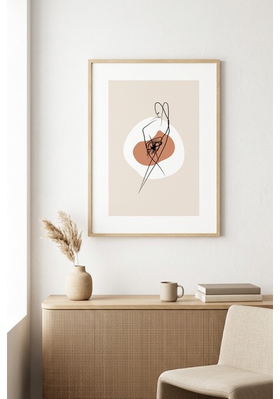 Doğal Ahşap Çerçeveli Minimalist Çizim Tablo - Soyut Huhu1270