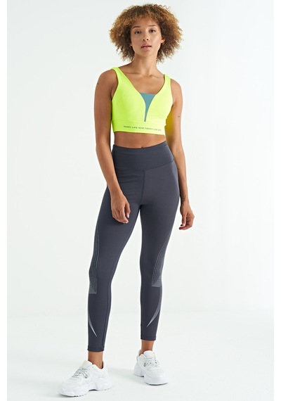 Tommy Life Neon Sarı Yazı Baskılı Renk Bloklu Dar Kalıp Dalgıç Kumaş Kadın Büstiyer - 97271 Neon Sarı