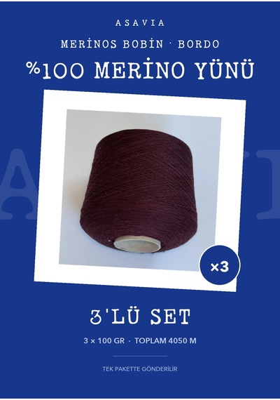 Asavia Merinos Bobin Örgü İpi 3'lü Set 3 X 100 Gr %100 Merino Yünü Bordo