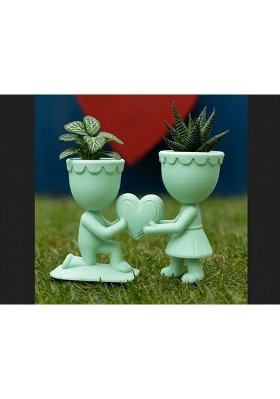 3d Baskı Aşk Saksısı - Kalp Tutan Çift Figürlü Dekoratif Saksı - Mint -