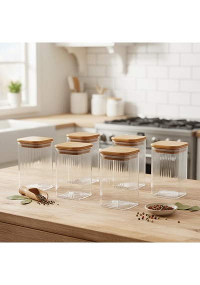 6'lı Set 350 Ml Bambu Kapaklı Kare Cam Kavanoz - 6x10 Cm Vakumlu Orta Boy Şeffaf Erzak Kabı Kahve Çay Baharatlık Ve Mutfak Düzenleyici Organizer Saklama Kutusu