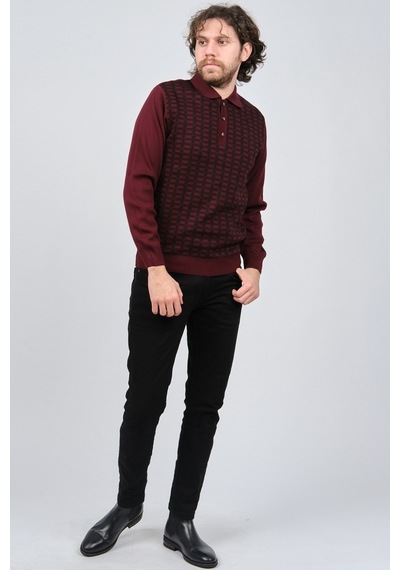 Ateş Triko Erkek Polo Yaka Desenli Yün Kazak 6092101 Bordo Bordo