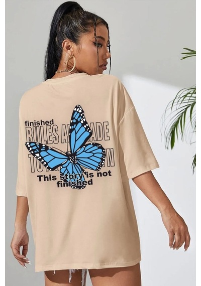 Unisex Kelebek Baskılı Tasarım Tshirt Bej
