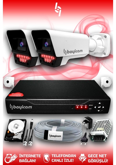 Bayicam 2 Kameralı Süper 2 Dış Kamera Set 100 GB 5 MP 2K Net Gece Görüşlü Güvenlik Kamerası Sistemi