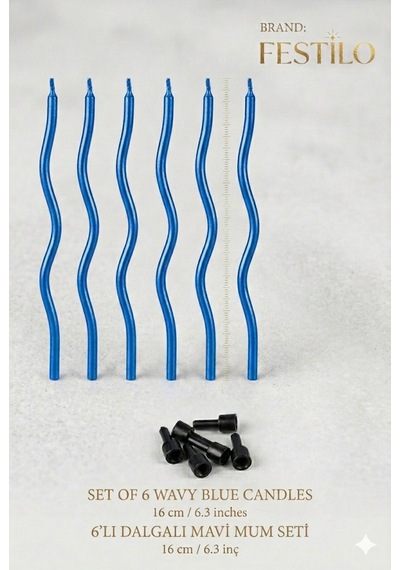 6 Lı Kıvrımlı Mum Mavi Pasta Süsü Spiral Mum Pasta Mumları 16 Cm