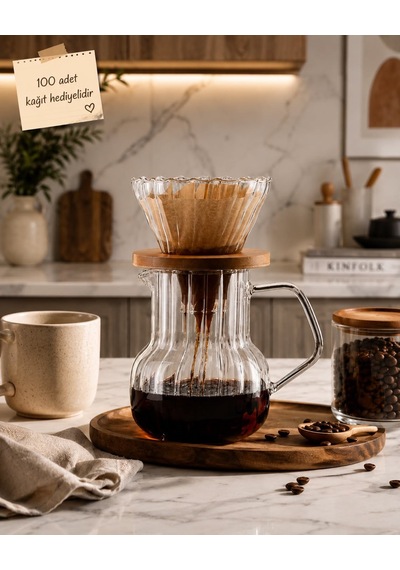 Morponi Borosilikat Cam Kahve Demeleme Seti Dripper Ve Sürahi - 100 Adet Filtre Kağıdı Hediyeli 500 Ml