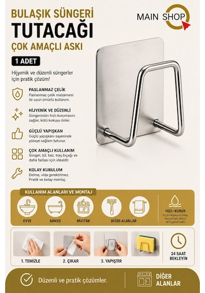 Mainshop1 Adet Bulaşık Süngeri Tutacağı 3 M Yapışkanlı Paslanmaz Çelik Bulaşık Sünger Tutucu Askı M-sng1 Gümüş