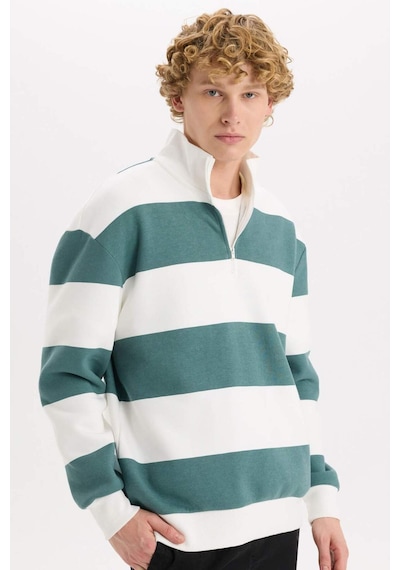 DeFacto Boxy Fit Dik Yaka Yarım Fermuarlı Çizgili Sweatshirt C7045AX24AUGN469 Yeşil