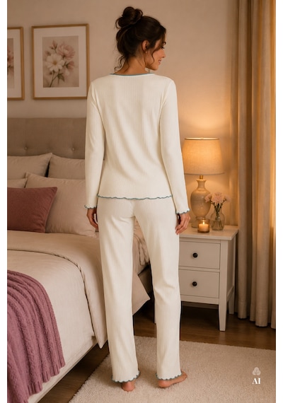 Koza İç Giyim Kadın Soft Touch Fitilli Kalp Detaylı Uzun Kollu Pijama Takımı Kk70640 Mavi