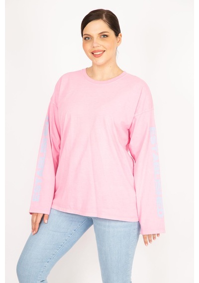 Şans Kadın Bej Büyük Beden Kol Baskılı Sweatshirt-pembe Pembe