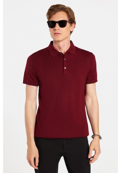 Tudors Erkek Slim Fit Dar Kesim Pamuklu Örme Triko Bordo Polo Yaka Tişört-34242 Bordo