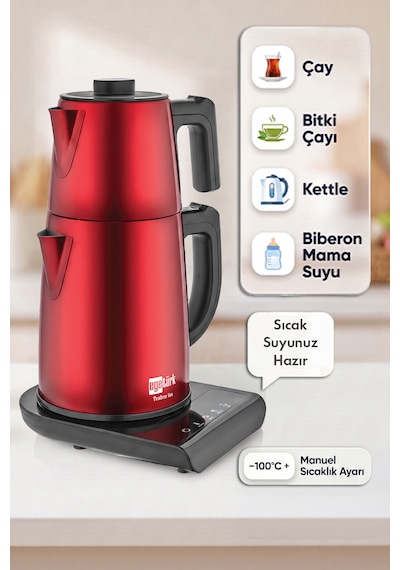Egetürk TeaDem Vox Konuşan Dokunmatik Çay Makinesi Mama Suyu Hazırlama 1850W 1.7L Kettle 1.2L Demlik Kırmızı