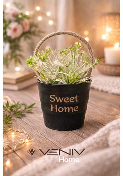 Dekoratif Sepet Saksı + Bitki - Pinterest Tasarım - 17 Cm Siyah