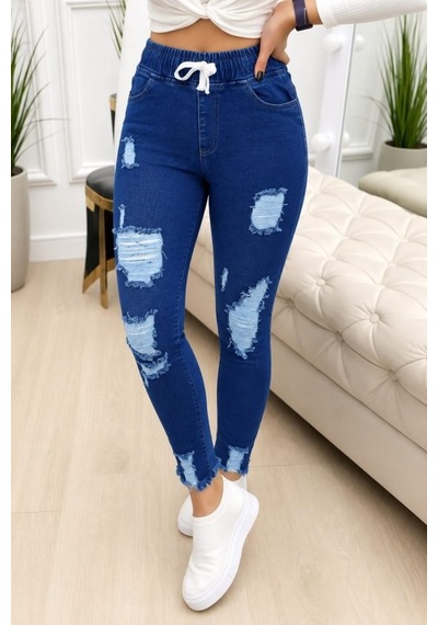 Kadın Yüksek Bel Beli Bağcıklı Önden Yırtık Desenli Kot Pantolon Lacivert
