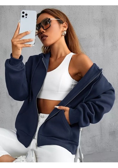 Uyguntarz Unisex Lacivert Fermuarlı Kapüşonlu Sweatshirt