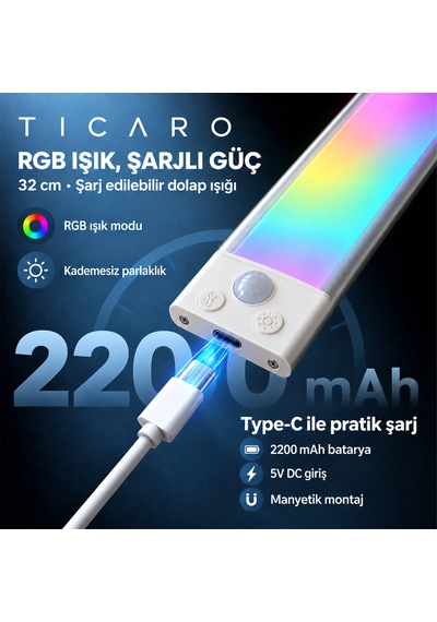 Tıcaro 32 Cm Rgb Sensörlü Şarjlı Led Dolap Işığı, 72 Led, 2200 Mah, Tekli Gümüş