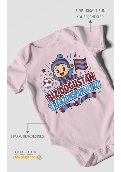 Morivokids Biz Doğuştan Trabzonsporluyum Kısa Kollu Bebek Body %100 Pamuk Bebe Pembe