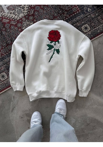 Unisex Bisiklet Yaka Ön Ve Arka Baskılı Sweatshirt - Beyaz Beyaz