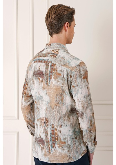 Efor Comfort Fit Düğmeli Yaka Batik Desenli Pamuk Vizon Gömlek G 1566 Vizon