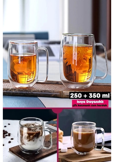 2'li Çift Cidarlı Bardak Seti Isıya Dayanıklı Espresso Sunum Bardağı Kulplu Kahve Kupası 250+350 Ml