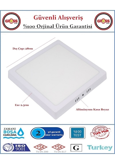 Zmr Sıva Üstü Kare Led Armatür - 24 Watt - 2050 Lümen - Beyaz