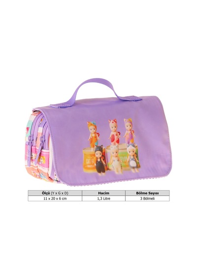 Kaukko Kids Taşıma Askılı Kız Çocuk Cat Life Baskılı Şık Kalem Çantası Mor - Krem - L5315