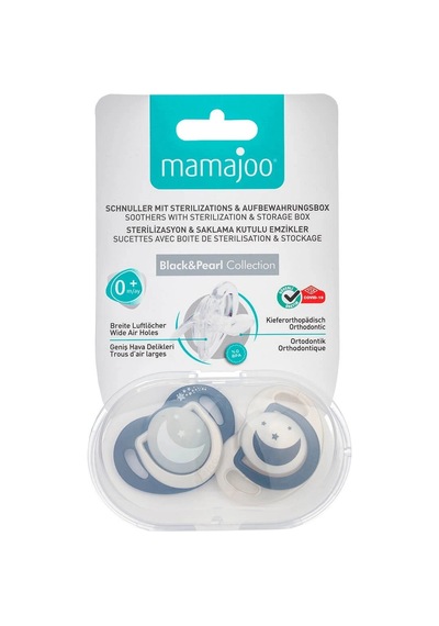 Mamajoo Sterilizasyon & Saklama Kutulu Black & Pearl Desenli İkili Ortodontik Emzik Gece & Gündüz /