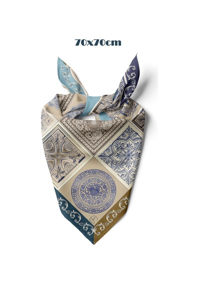 Çini Sırrı Desen 70 70cm Bandana/fular Mavi