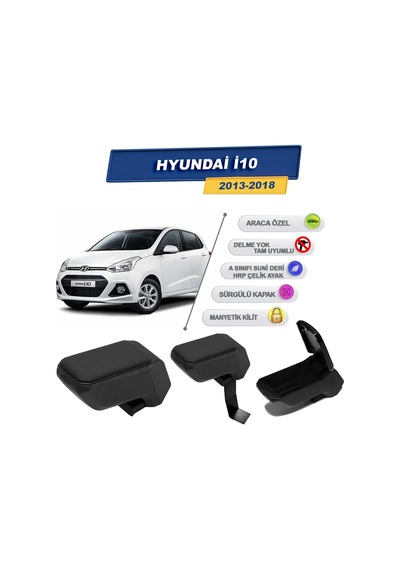 Hyundai İ10 2013-2018 İle Uyumlu Çelik Ayaklı Kolçak, Kol Dayama - A+ Kalite Abs Malzeme Siyah