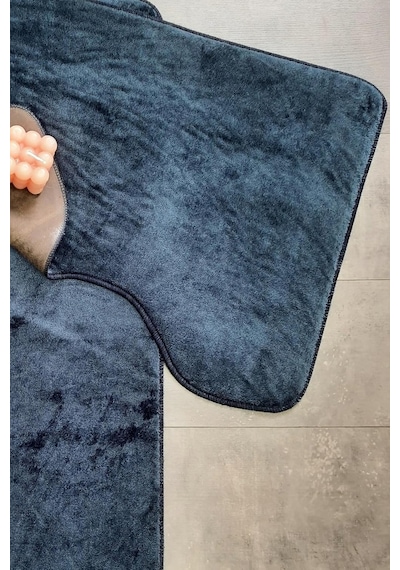 Ultrasoft Düz Lacivert 3'lü Banyo Halısı Paspası Seti, Kaymaz Deri Tabanlı, Yıkanabilir Klozet Takımı Çok Renkli