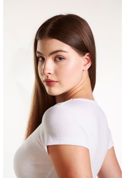 Mea Capio Kadın Fitted Crop Ön Yaka Bözgülü Fitilli Kollu Tshirt Atlet Bluz Beyaz