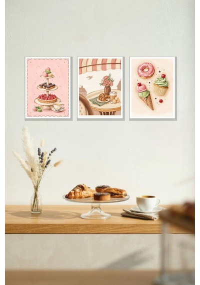 Tatlı Kafe 3'lü Çerçeve Görünümlü 30x40 Cm Mdf Tablo Seti Salon Duvar Dekoru