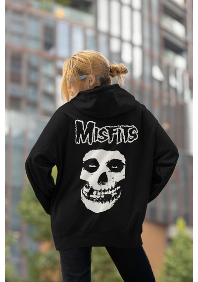 Sevbano Misfits Müzik Grubu Baskılı Unisex Oversize Rock Metal Hoodie Siyah