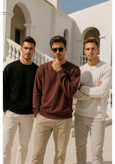 Rich Erkek 3'lü Paket Siyah - Kahverengi - Krem Bisiklet Yaka Scuba Sweatshirt Siyah